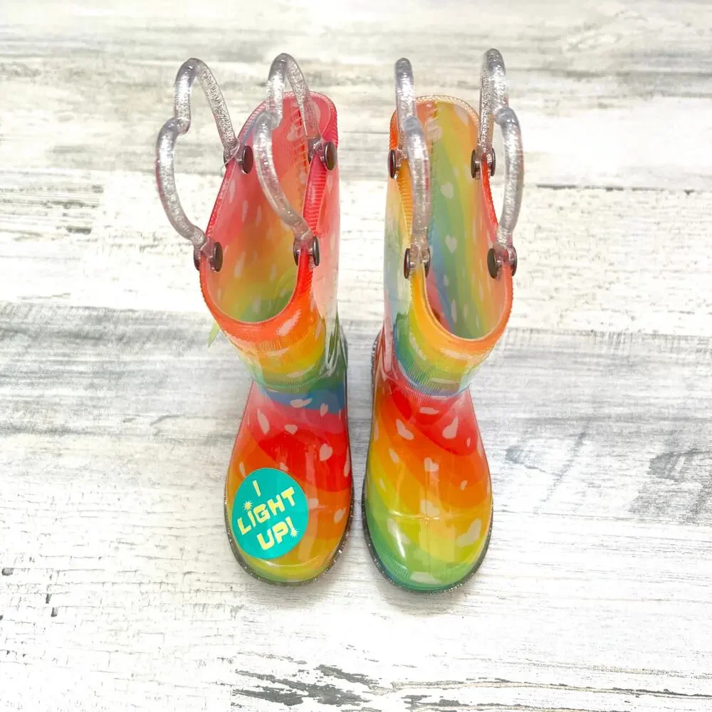 Western Chief Rain Boots Toddler Girls Size 5 Rainbow Heart Waves Light Up